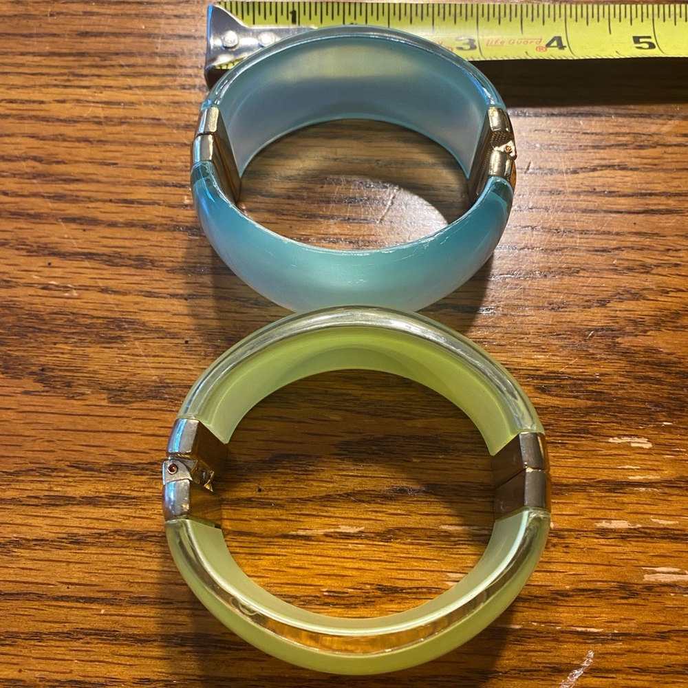 Acrylic hinged translucent bangle cuff bracelets blue yellow in color gold tone
